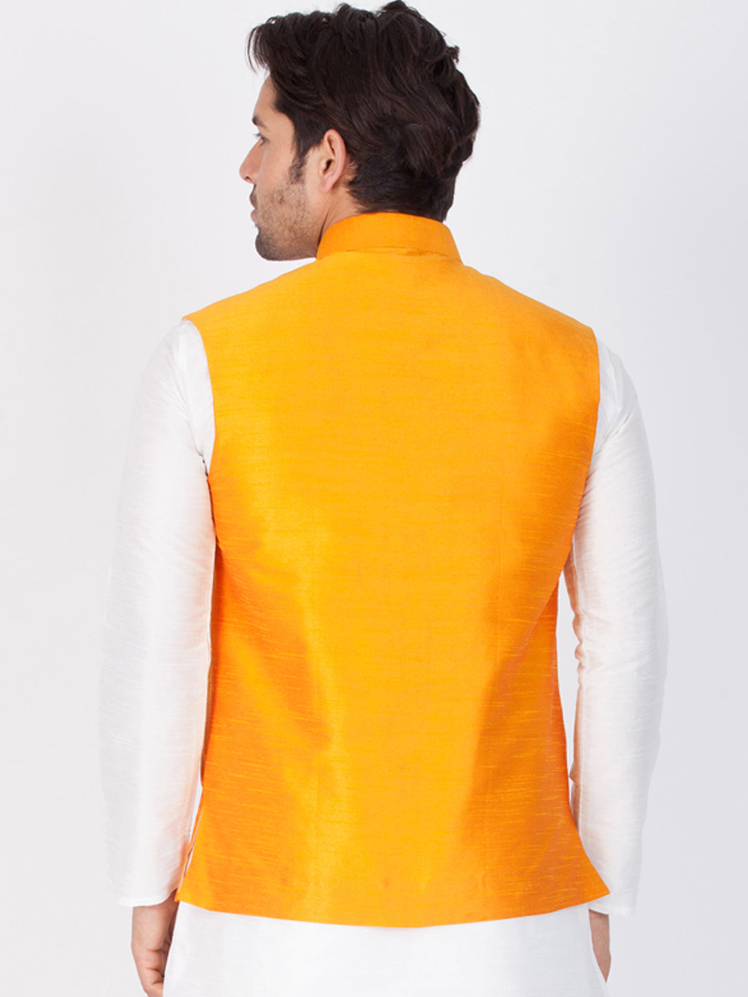 Vastramay Men's Orange Cotton Silk Blend Ethnic Jacket