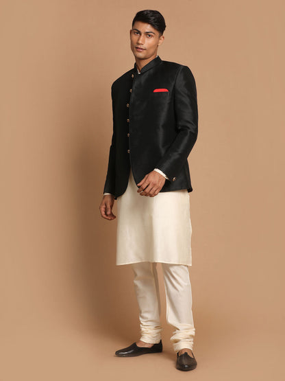 Vastramay  Men's Black Silk Blend Jodhpuri With Cream Viscose Rayon Kurta Pyjama Set