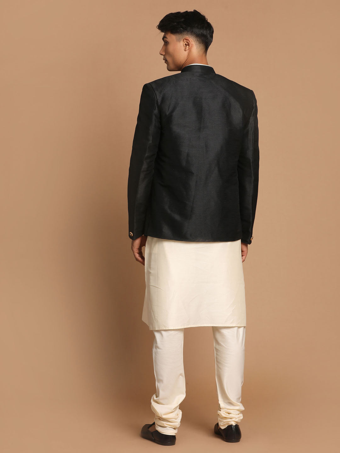 Vastramay  Men's Black Silk Blend Jodhpuri With Cream Viscose Rayon Kurta Pyjama Set