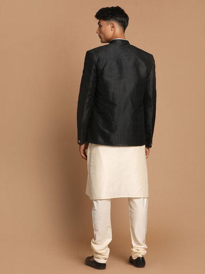 Vastramay  Men's Black Silk Blend Jodhpuri With Cream Viscose Rayon Kurta Pyjama Set
