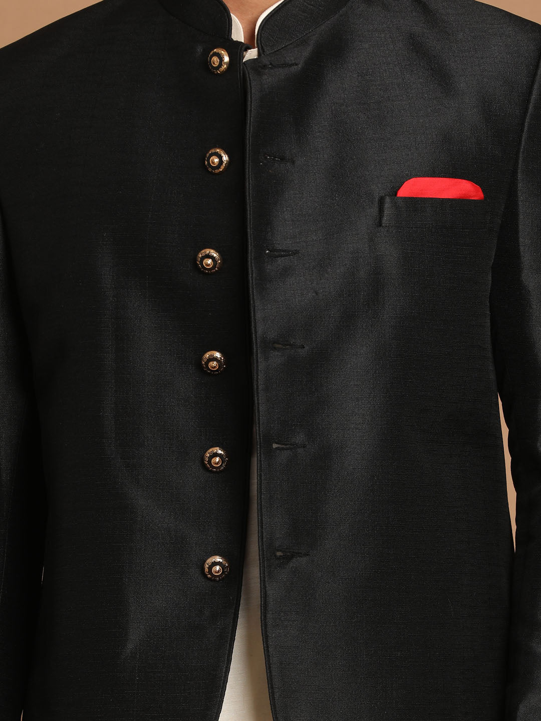 Vastramay  Men's Black Silk Blend Jodhpuri With Cream Viscose Rayon Kurta Pyjama Set