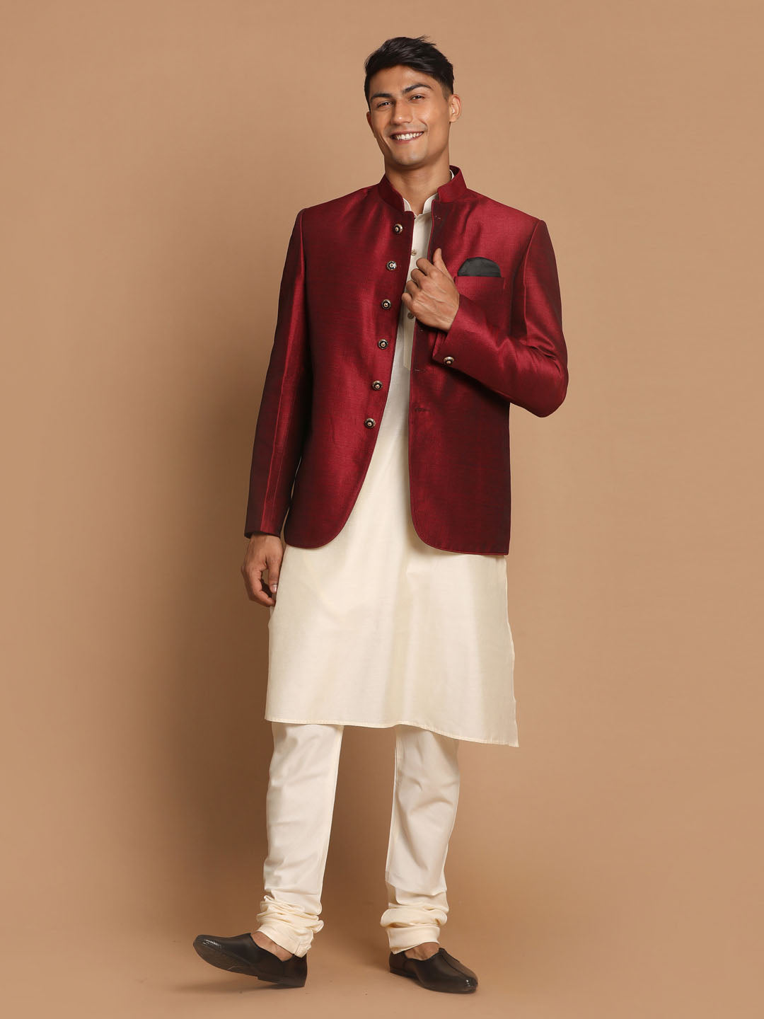 copy of vastramay mens black silk blend jodhpuri with cream viscose rayon kurta pyjama set