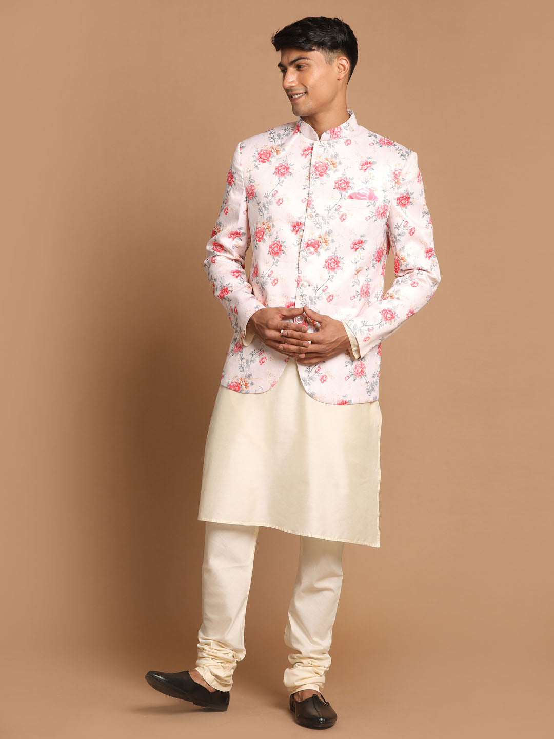 Vastramay Men's Peach Floral Print Jodhpuri With Cream Solid Kurta And Pyjama Set.