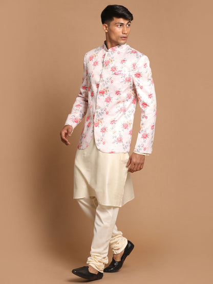 Vastramay Men's Peach Floral Print Jodhpuri With Cream Solid Kurta And Pyjama Set.