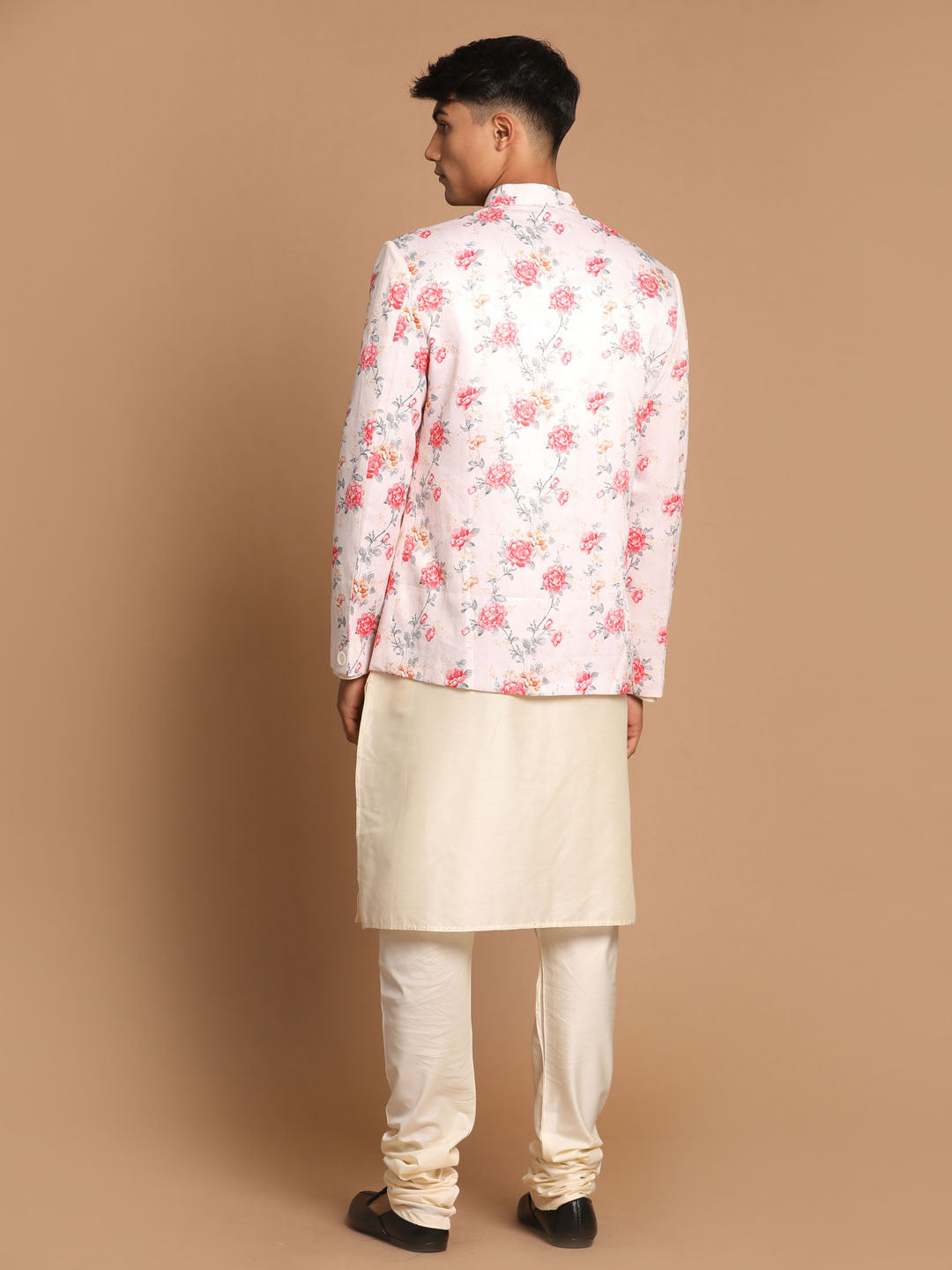 Vastramay Men's Peach Floral Print Jodhpuri With Cream Solid Kurta And Pyjama Set.