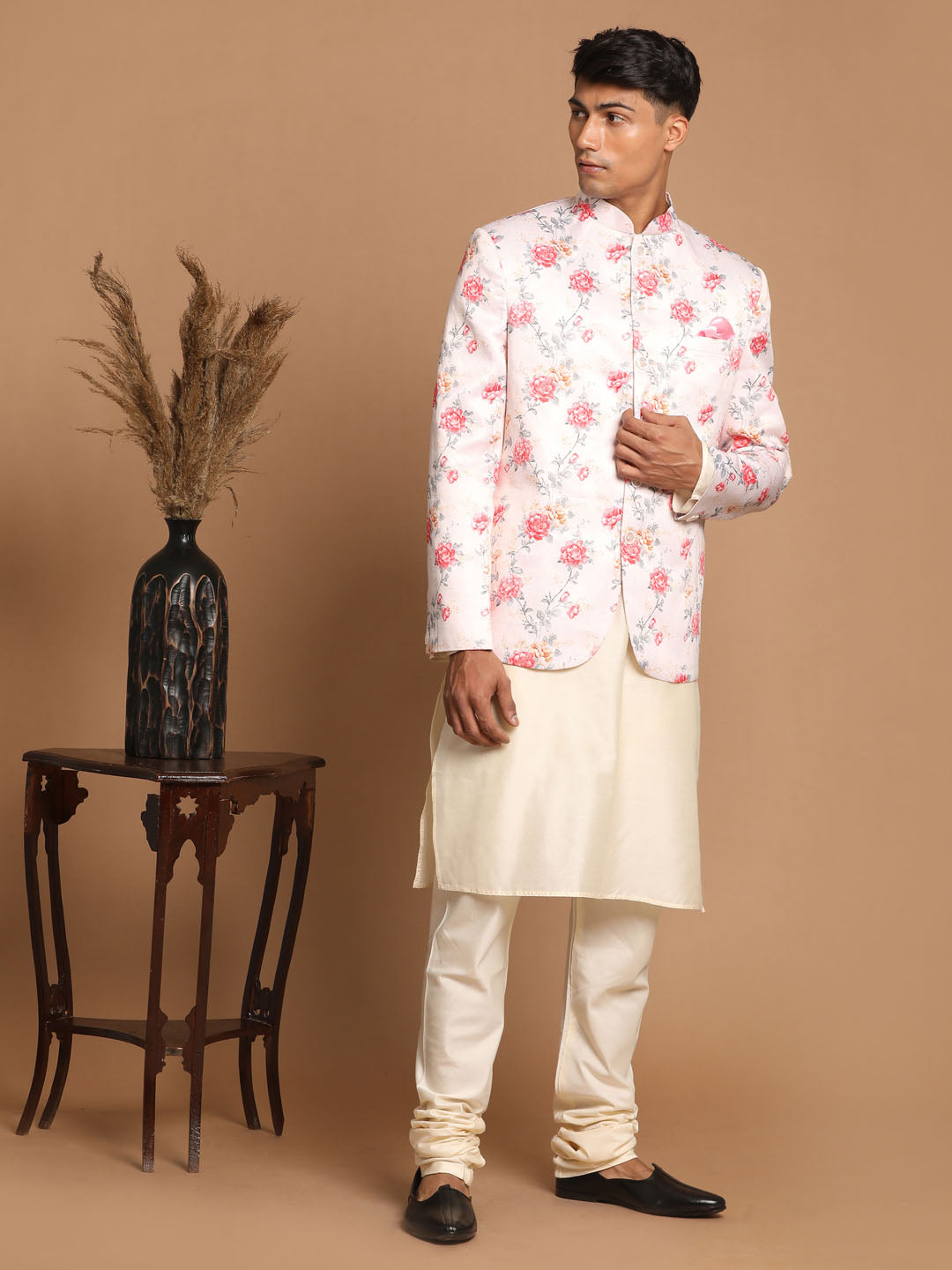 Vastramay Men's Peach Floral Print Jodhpuri With Cream Solid Kurta And Pyjama Set.