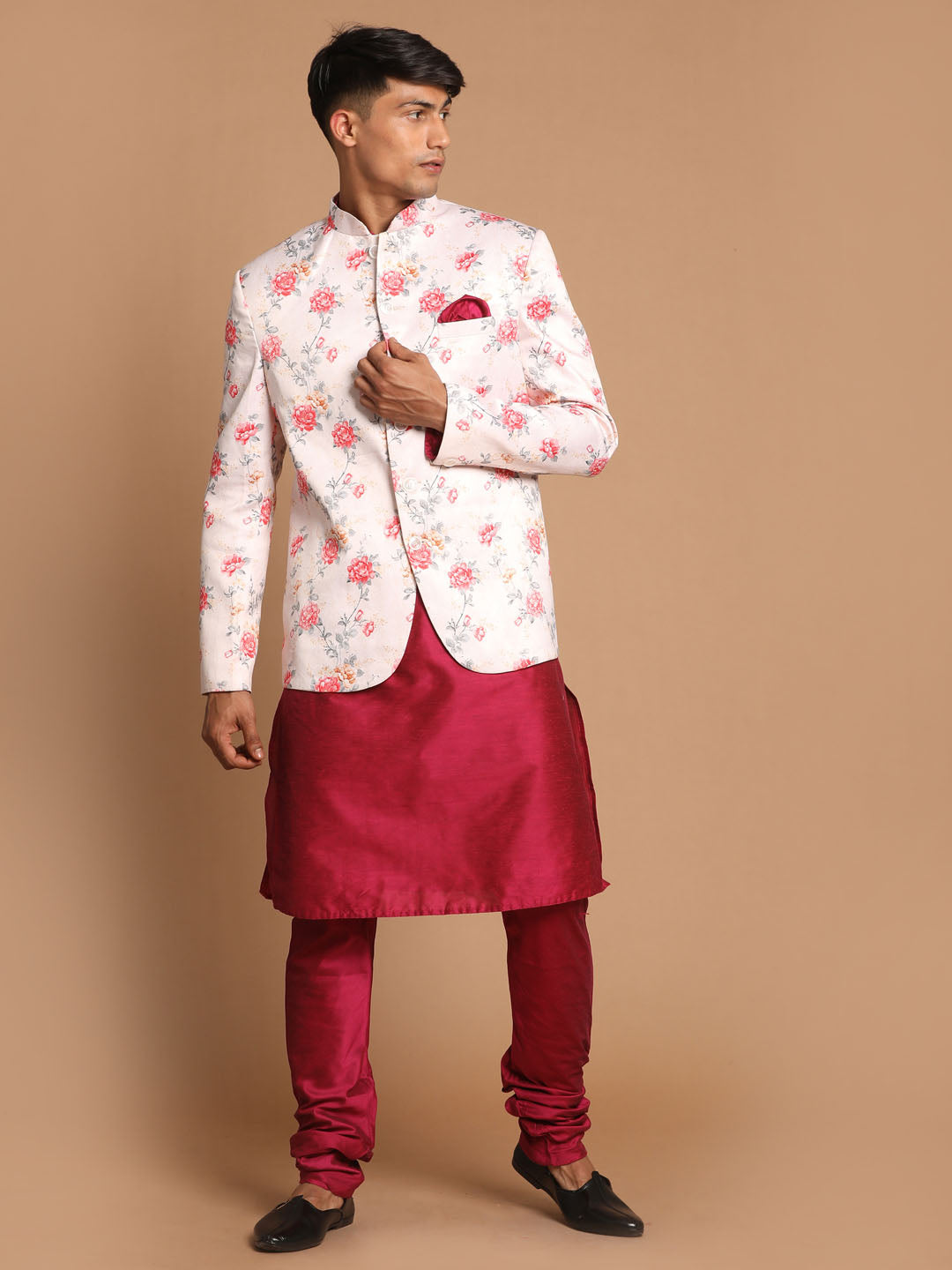 Vastramay Men's  Peach Silk Blend Jodhpuri With Purple Cotton Silk Blend Kurta and Pyjama Set