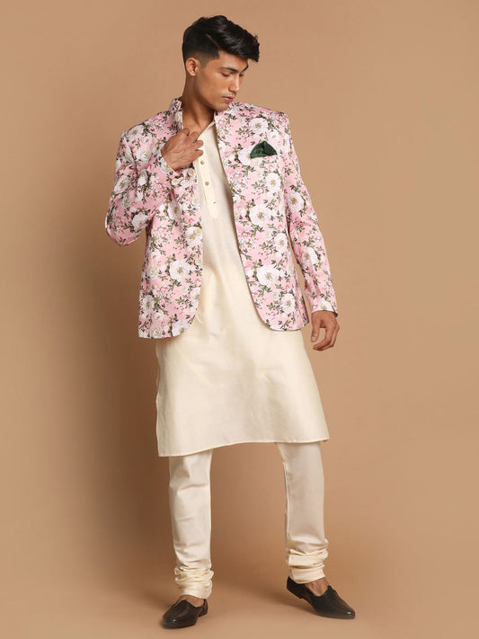 Vastramay Men's Pink Floral Print Jodhpuri With Cream Solid Kurta And Pyjama Set