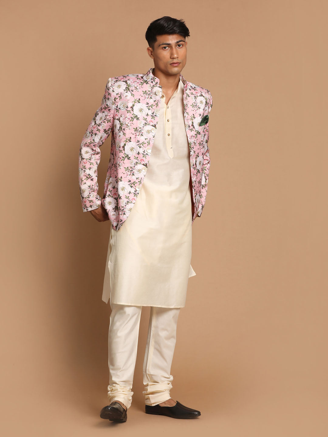 Vastramay Men's Pink Floral Print Jodhpuri With Cream Solid Kurta And Pyjama Set