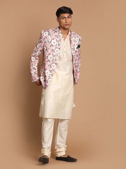 Vastramay Men's Pink Floral Print Jodhpuri With Cream Solid Kurta And Pyjama Set