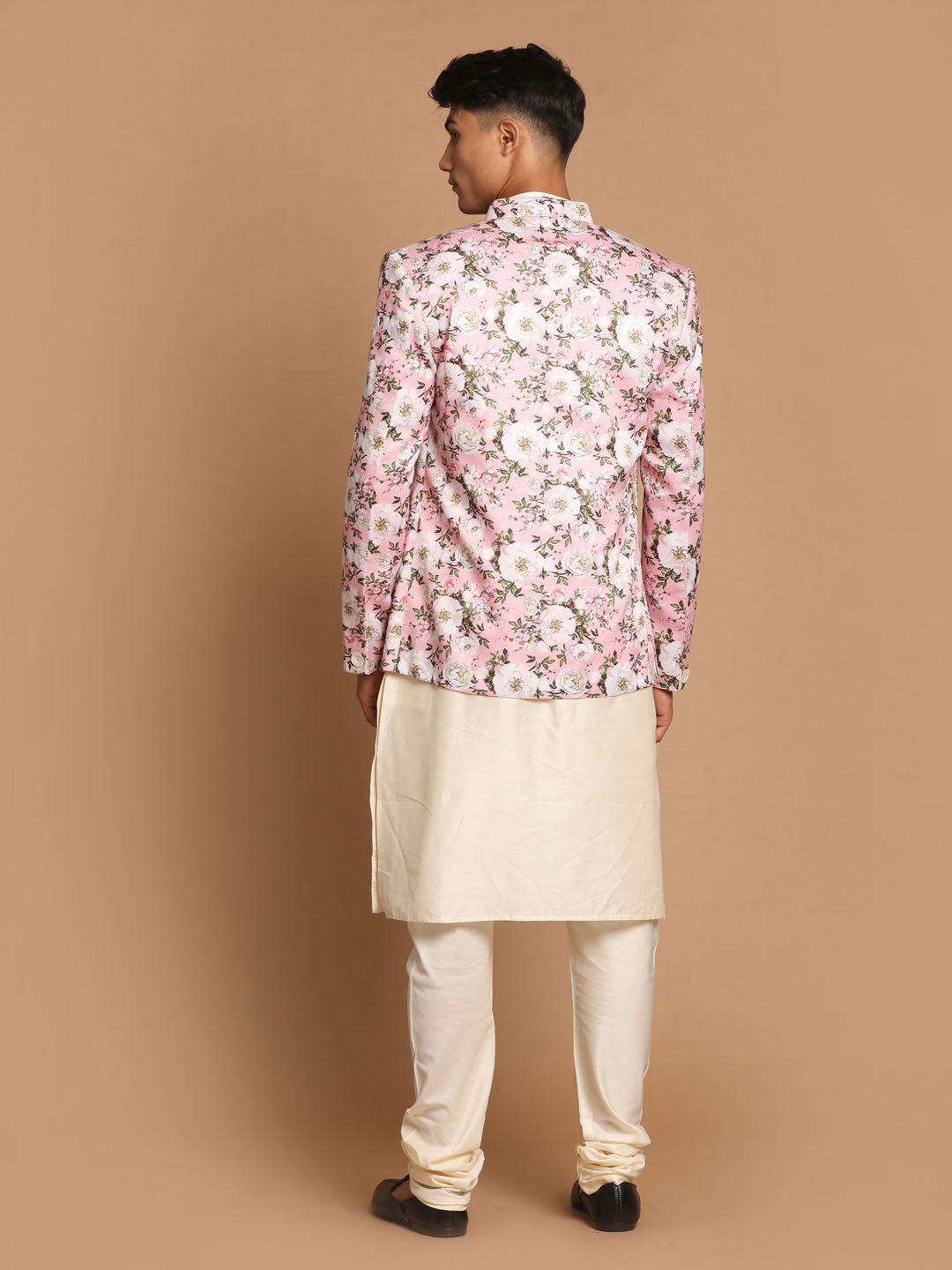 Vastramay Men's Pink Floral Print Jodhpuri With Cream Solid Kurta And Pyjama Set