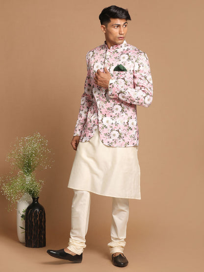 Vastramay Men's Pink Floral Print Jodhpuri With Cream Solid Kurta And Pyjama Set