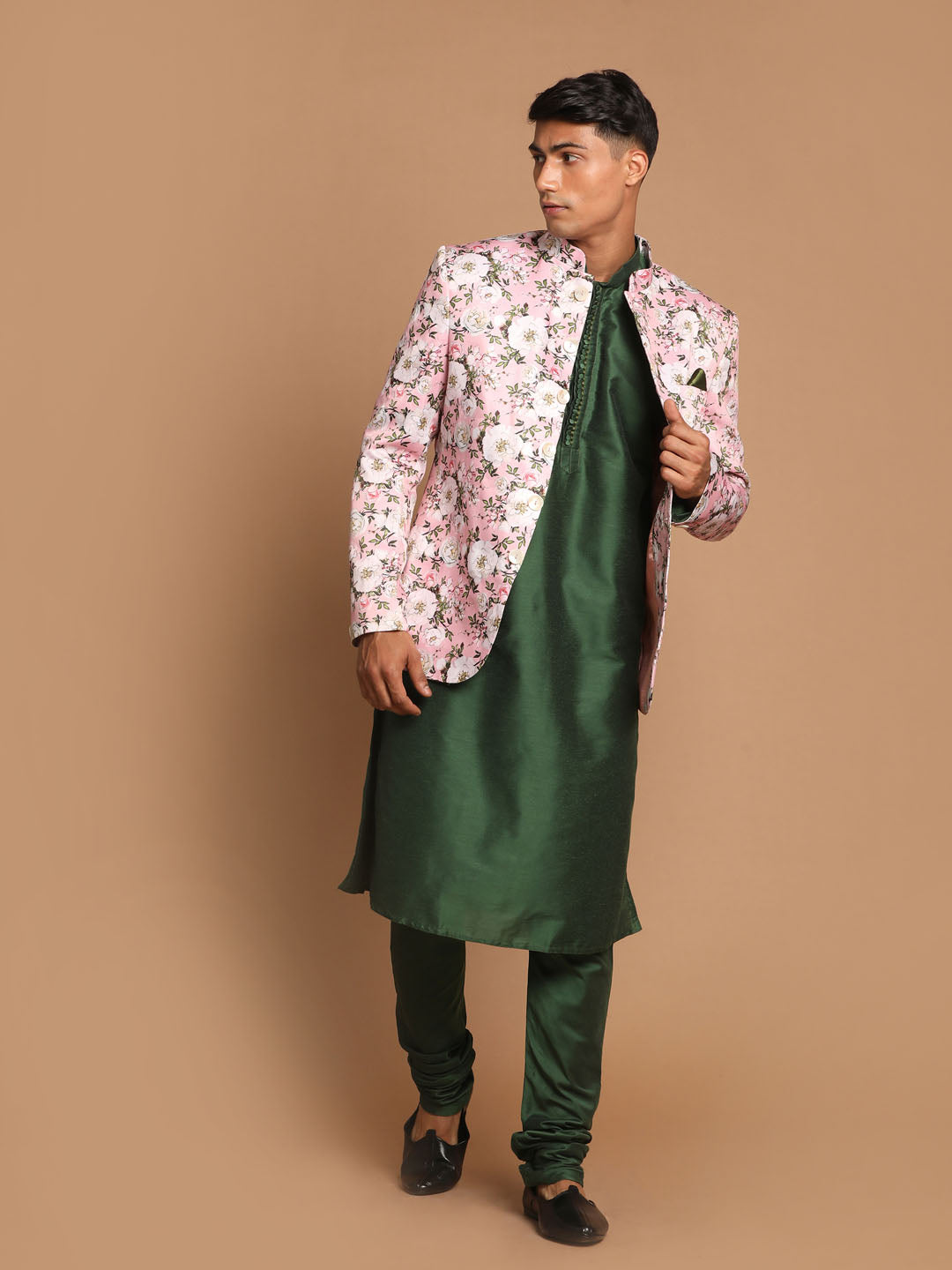 Vastramay Men's Pink Silk Blend Jodhpuri With Green Kurta and Pyjama Set