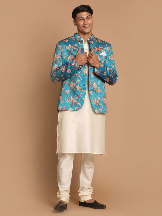 Vastramay Men's Turquoise Silk Blend Jodhpuri With Cream Viscose Rayon Kurta Pyjama Set