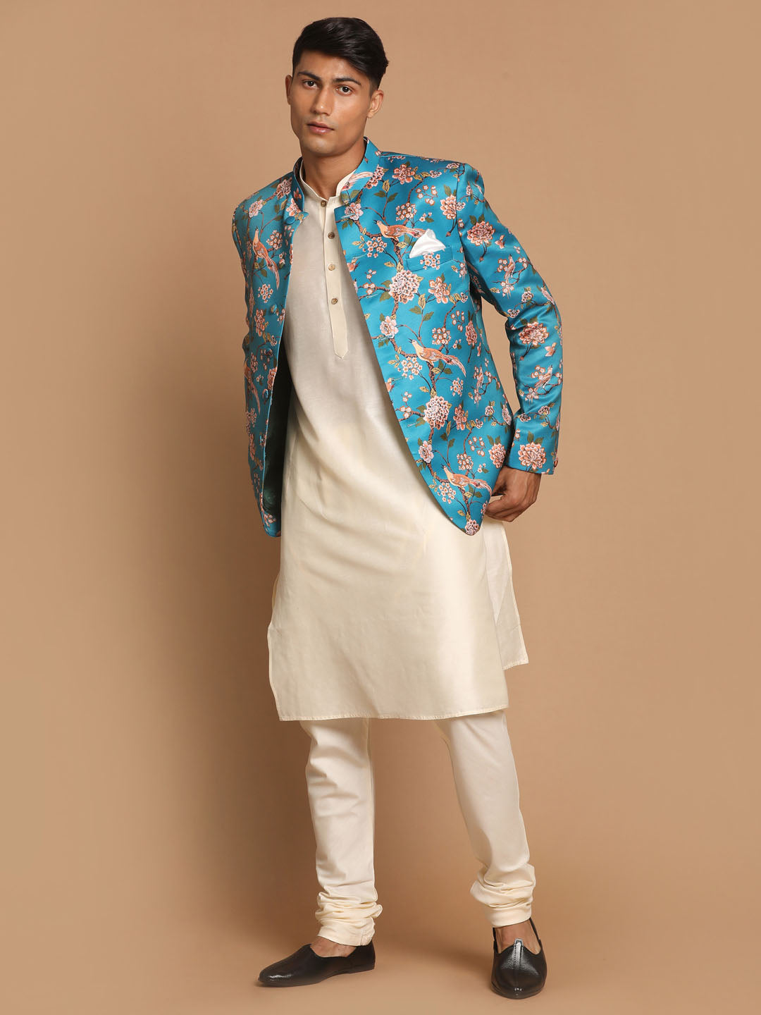 Vastramay Men's Turquoise Silk Blend Jodhpuri With Cream Viscose Rayon Kurta Pyjama Set