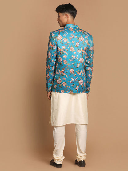 Vastramay Men's Turquoise Silk Blend Jodhpuri With Cream Viscose Rayon Kurta Pyjama Set