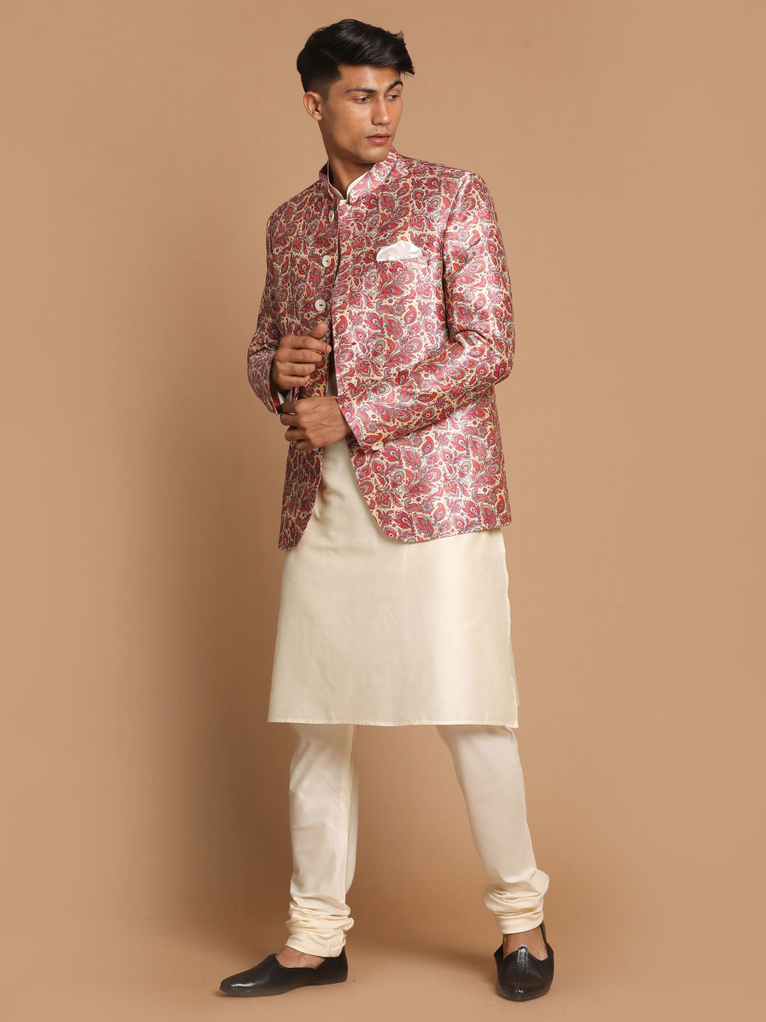 Vastramay Men's Pink Silk Blend Lavanya Print Jodhpuri With Cream Viscose Rayon Kurta Pyjama Set