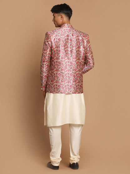 Vastramay Men's Pink Silk Blend Lavanya Print Jodhpuri With Cream Viscose Rayon Kurta Pyjama Set