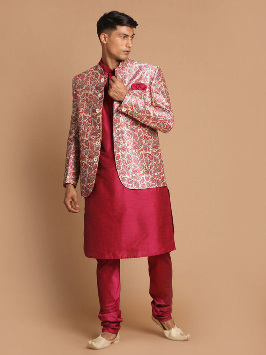 Vastramay Men's Pink Silk Blend Lavanya Print Jodhpuri With Solid Viscose Kurta Pyjama Set