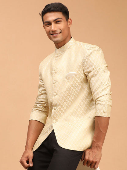 Vastramay mens cream color woven design jodhpuri