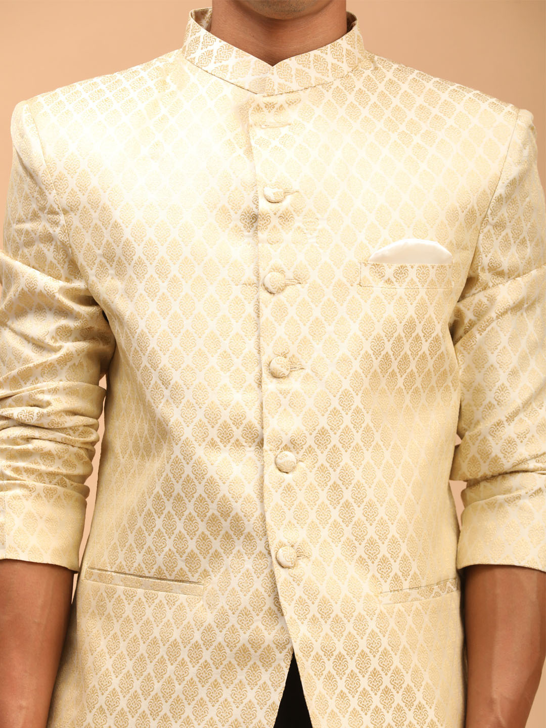 Vastramay mens cream color woven design jodhpuri