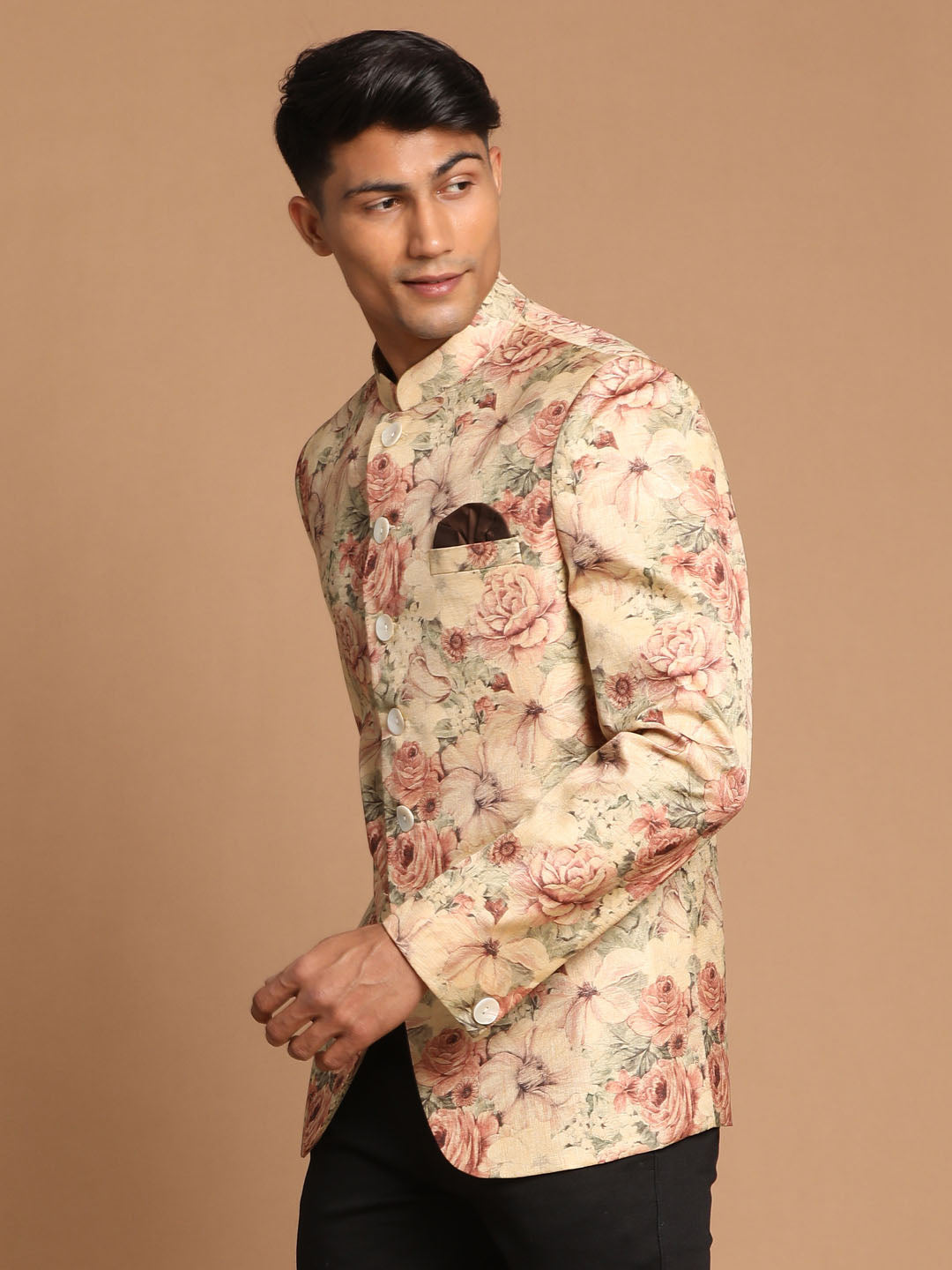 Vastramay Men's Beige Printed Jodhpuri