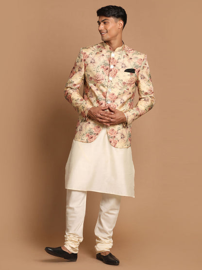 Vastramay Men's Beige Printed Jodhpuri And Cream Kurta Pyjama Set