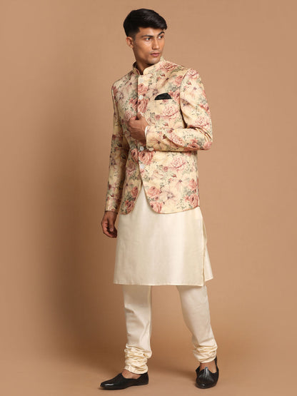 Vastramay Men's Beige Printed Jodhpuri And Cream Kurta Pyjama Set