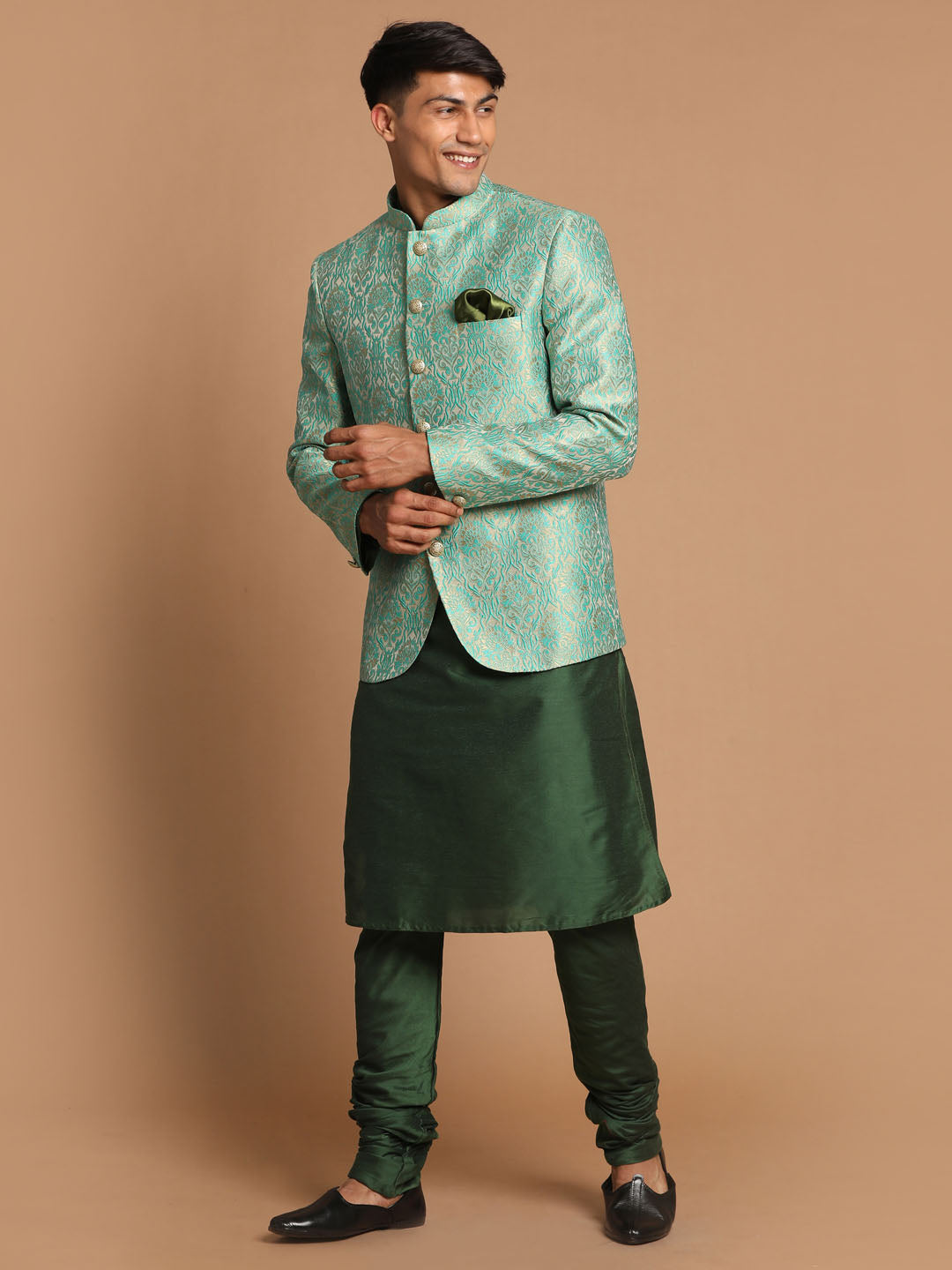 Vastramay Men's Green Woven Design Jodhpuri And Dark Green Solid Kurta Pyjama Set