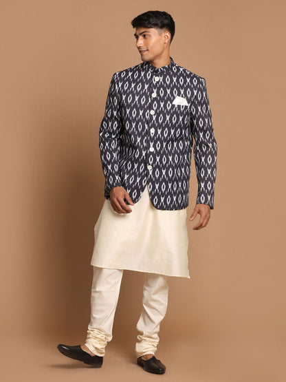 Vastramay Men's Black Ikkat Print Jodhpuri And Kurta Pyjama Set