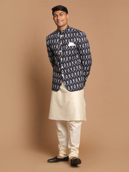 Vastramay Men's Black Ikkat Print Jodhpuri And Kurta Pyjama Set