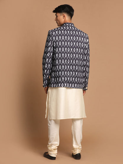 Vastramay Men's Black Ikkat Print Jodhpuri And Kurta Pyjama Set