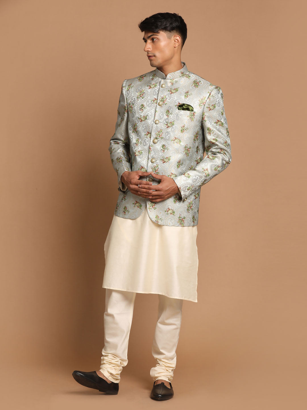 Vastramay Men's Green Woven Design Jodhpuri And Cream Kurta Pyjama Set