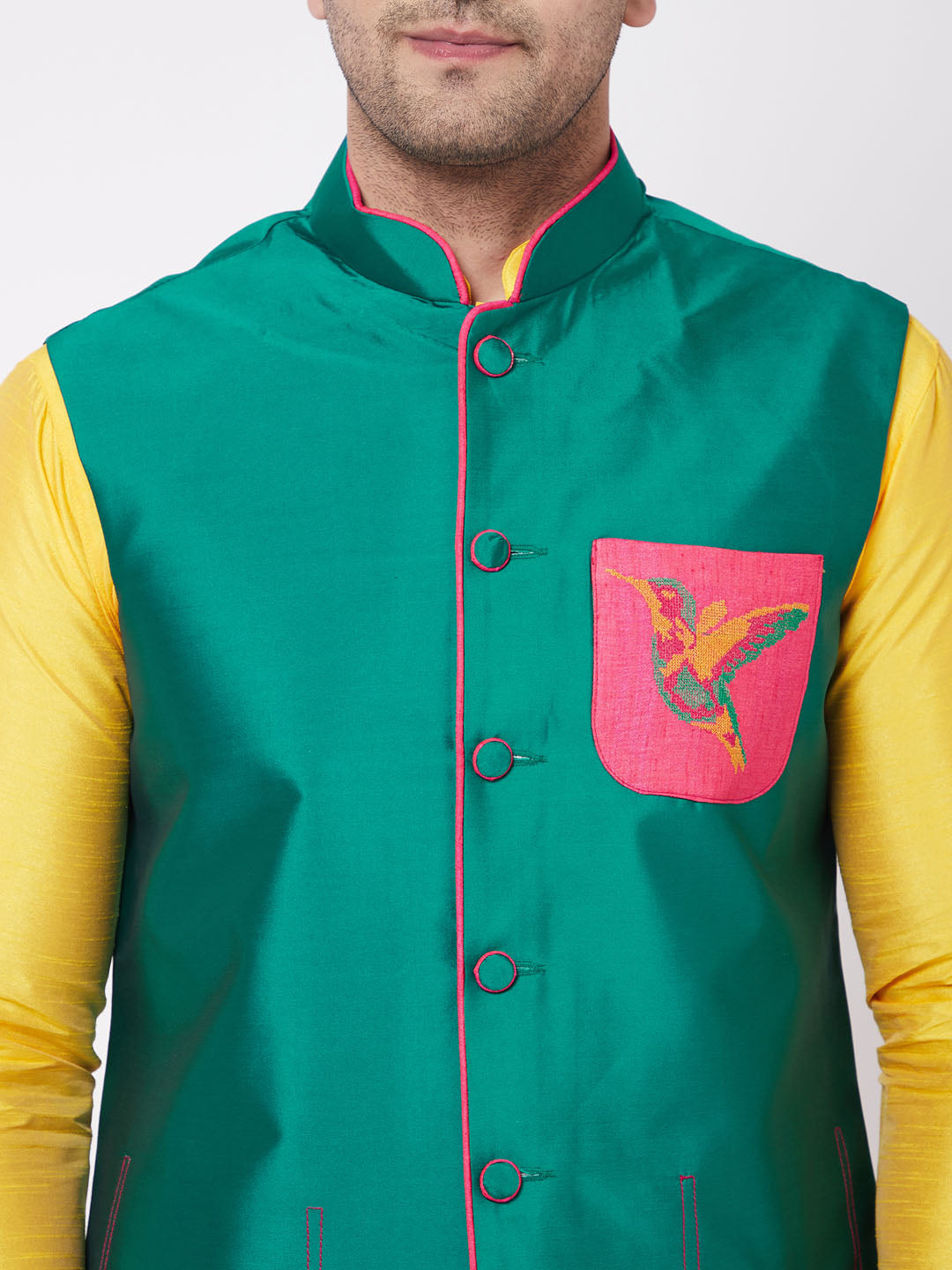 Vastramay Men's Yellow Silk Blend Kurta And Pyjama With Green Embroidered Nehru Jacket