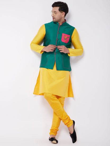 Vastramay Men's Yellow Silk Blend Kurta And Pyjama With Green Embroidered Nehru Jacket