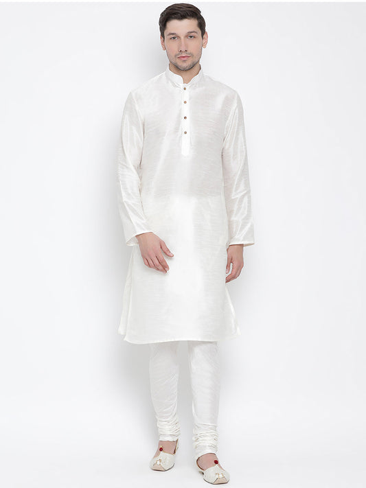 Vastramay Vastramay Men's White Cotton Silk Blend Kurta and Pyjama Set