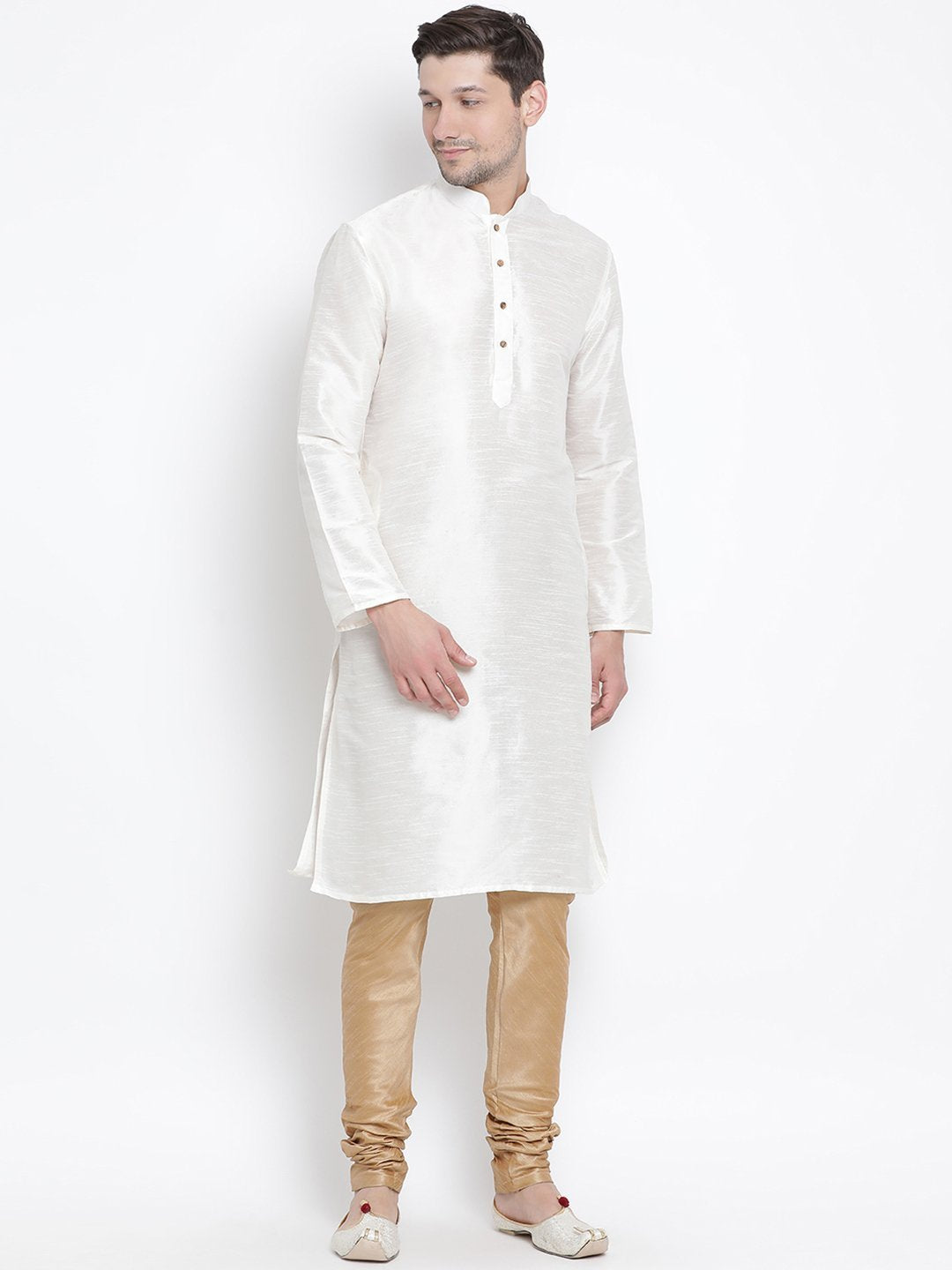 Vastramay Vastramay Men's White Cotton Silk Blend Kurta and Pyjama Set