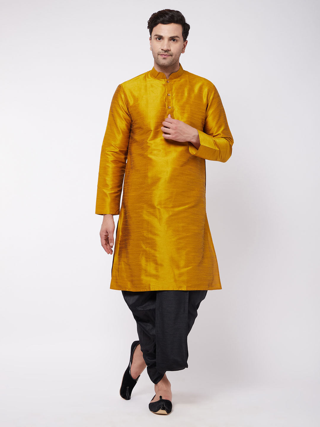 Vastramay Men's Mustard And Black Silk Blend Dhoti Kurta Set