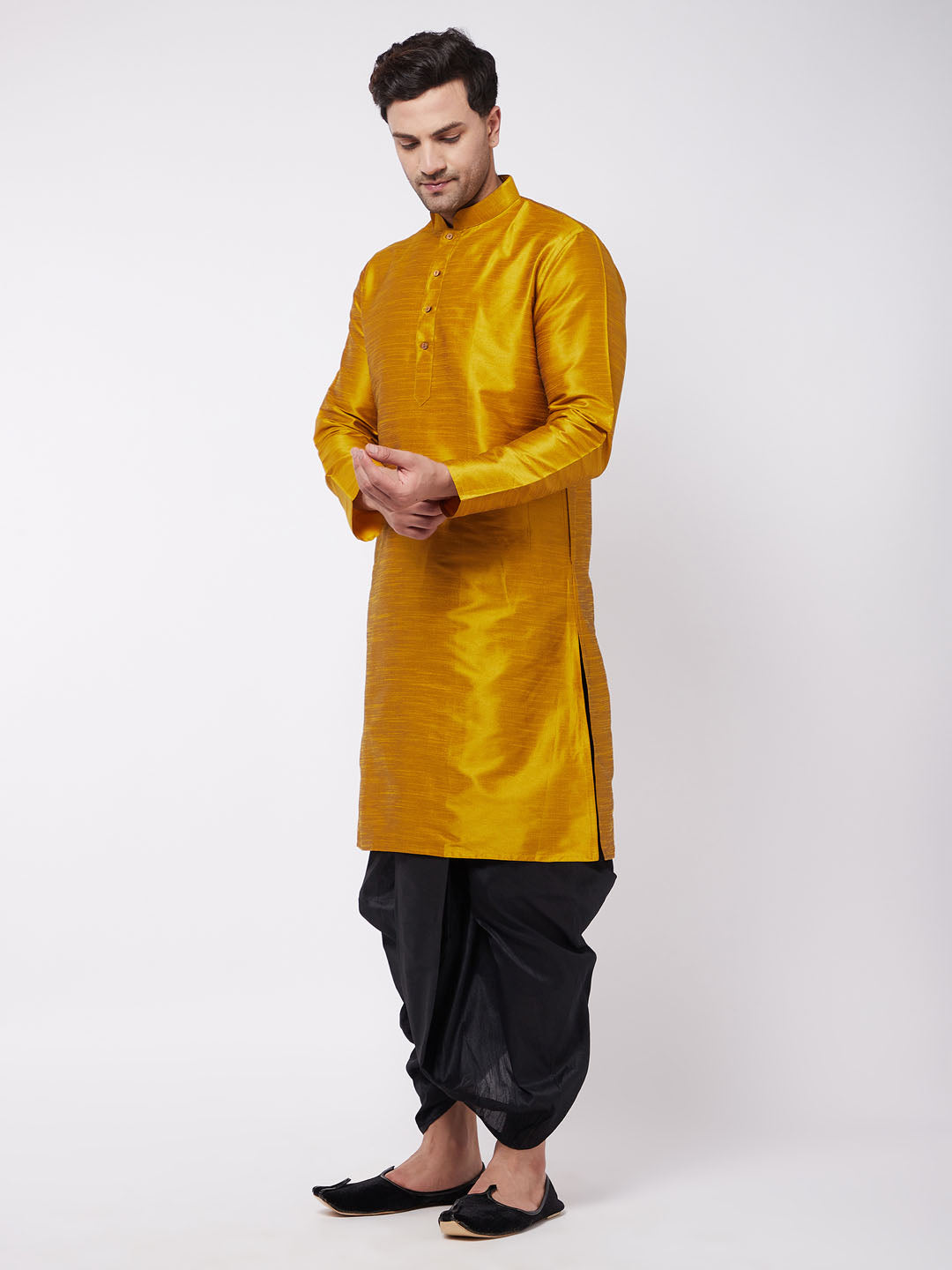 Vastramay Men's Mustard And Black Silk Blend Dhoti Kurta Set