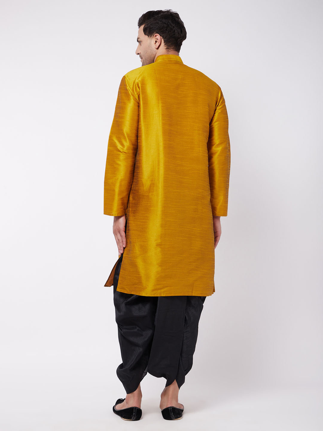 Vastramay Men's Mustard And Black Silk Blend Dhoti Kurta Set