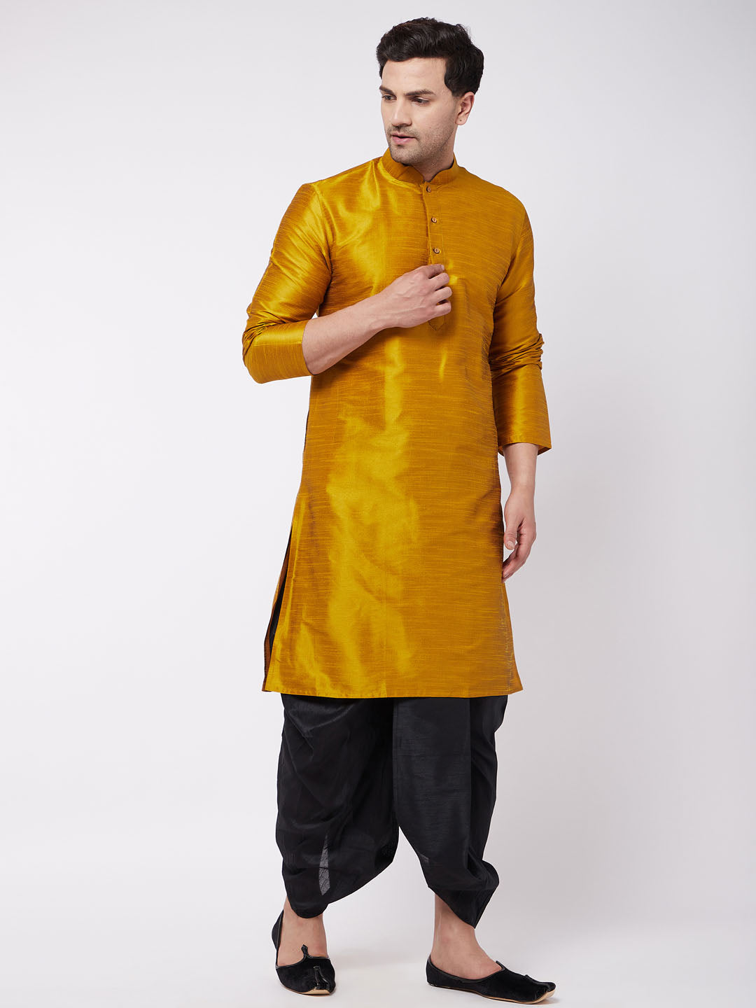 Vastramay Men's Mustard And Black Silk Blend Dhoti Kurta Set