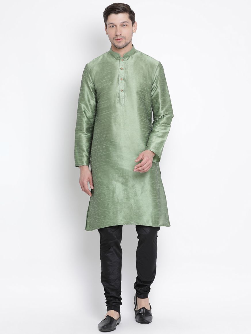 Vastramay Men's Light Green Cotton Silk Blend Kurta and Pyjama Set