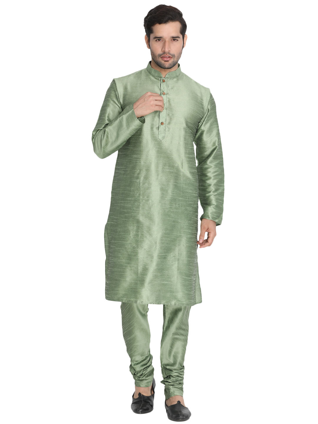 Vastramay Vastramay Men's Light Green Cotton Silk Blend Kurta and Pyjama Set