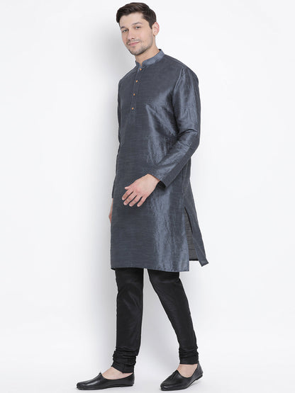 Vastramay Men's Grey Cotton Silk Blend Kurta and Pyjama Set