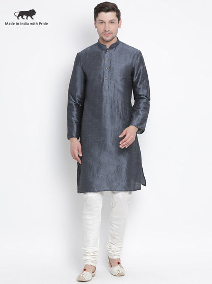 Vastramay Vastramay Men's Grey Cotton Silk Blend Kurta and Pyjama Set