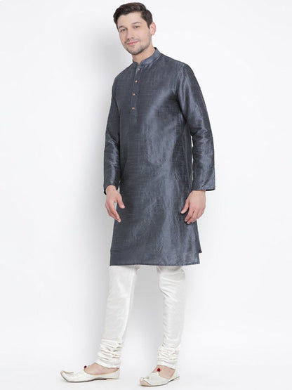 Vastramay Men's Grey Cotton Silk Blend Kurta and Pyjama Set