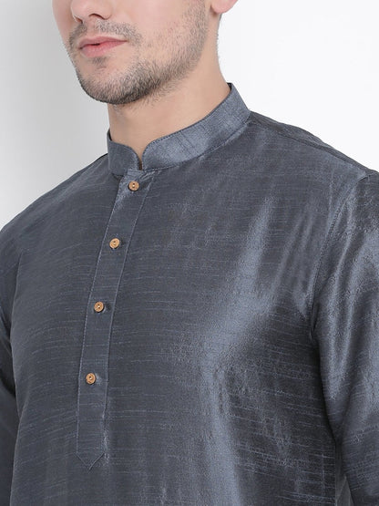 Vastramay Men's Grey Cotton Silk Blend Kurta and Pyjama Set