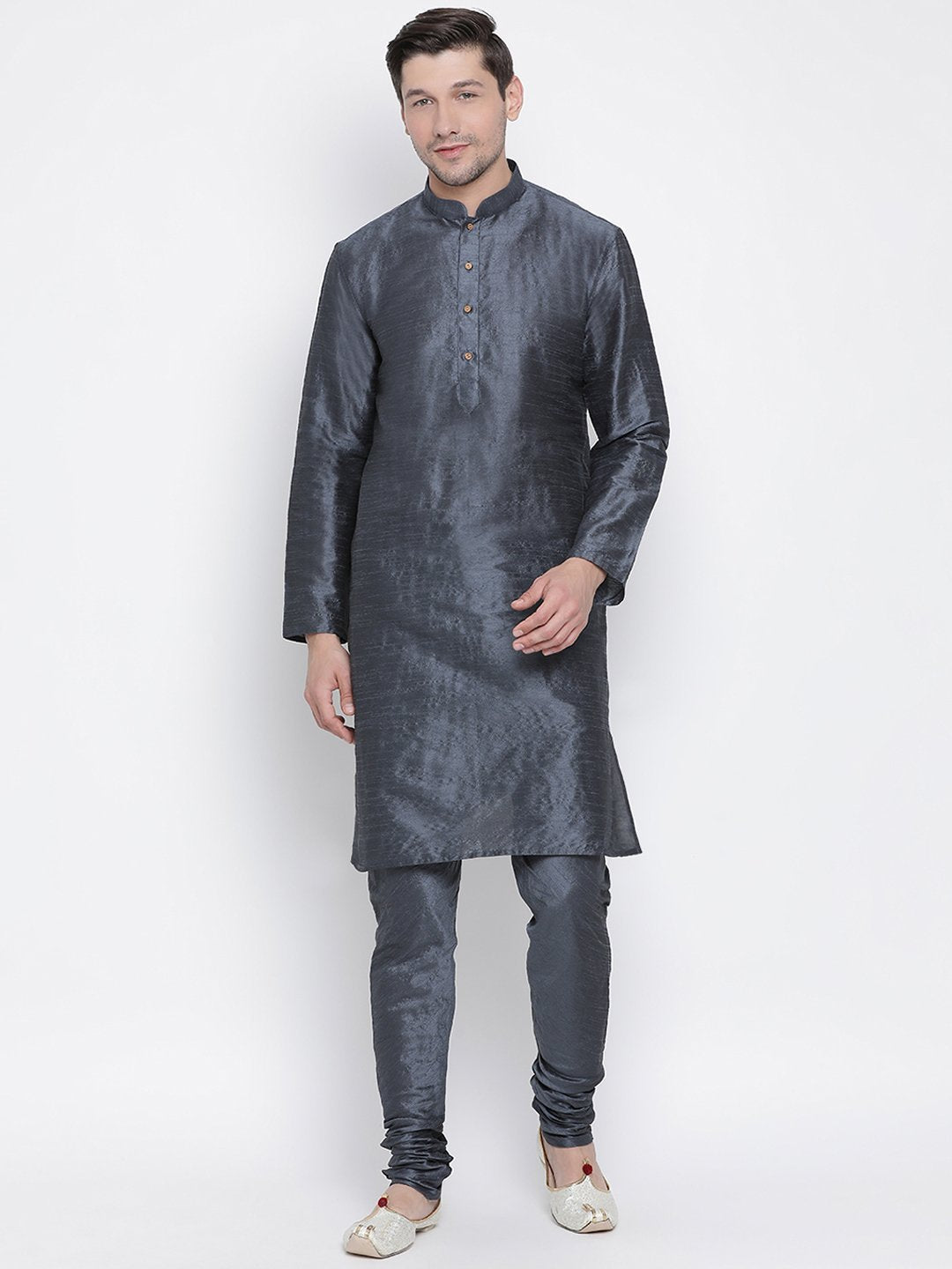 Vastramay Vastramay Men's Grey Cotton Silk Blend Kurta and Pyjama Set