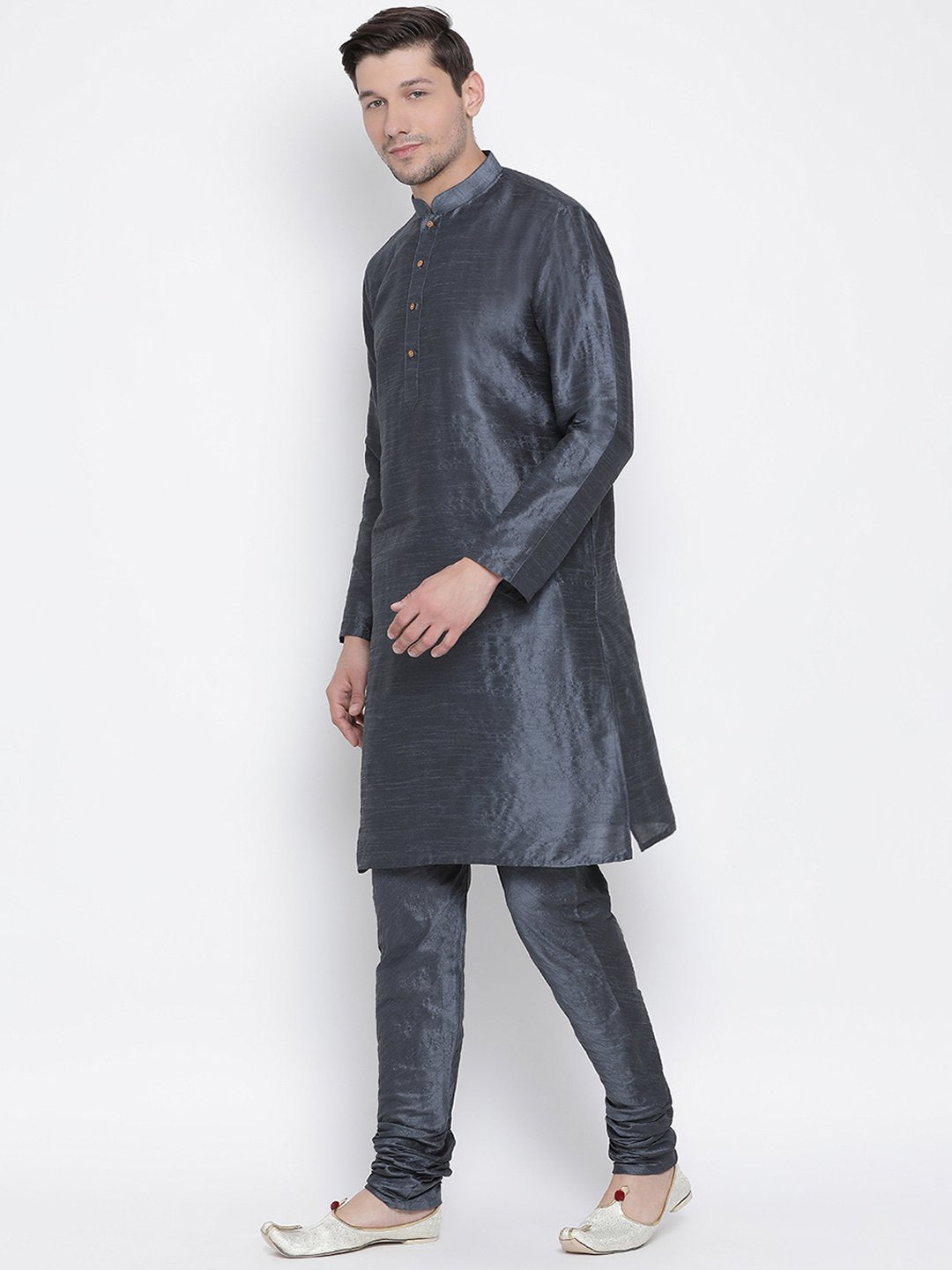 Vastramay Men's Grey Cotton Silk Blend Kurta and Pyjama Set