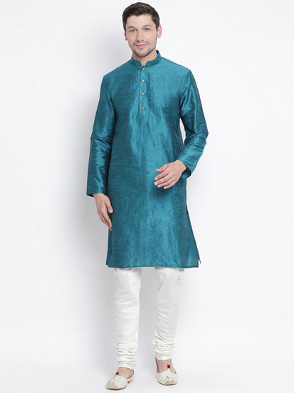 Vastramay Vastramay Men's Dark Green Cotton Silk Blend Kurta and Pyjama Set